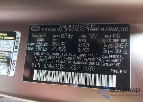 2025 Hyundai Santa Fe Calligraphy из США, поврежденный, VIN 5NMP5DGLXSH104702